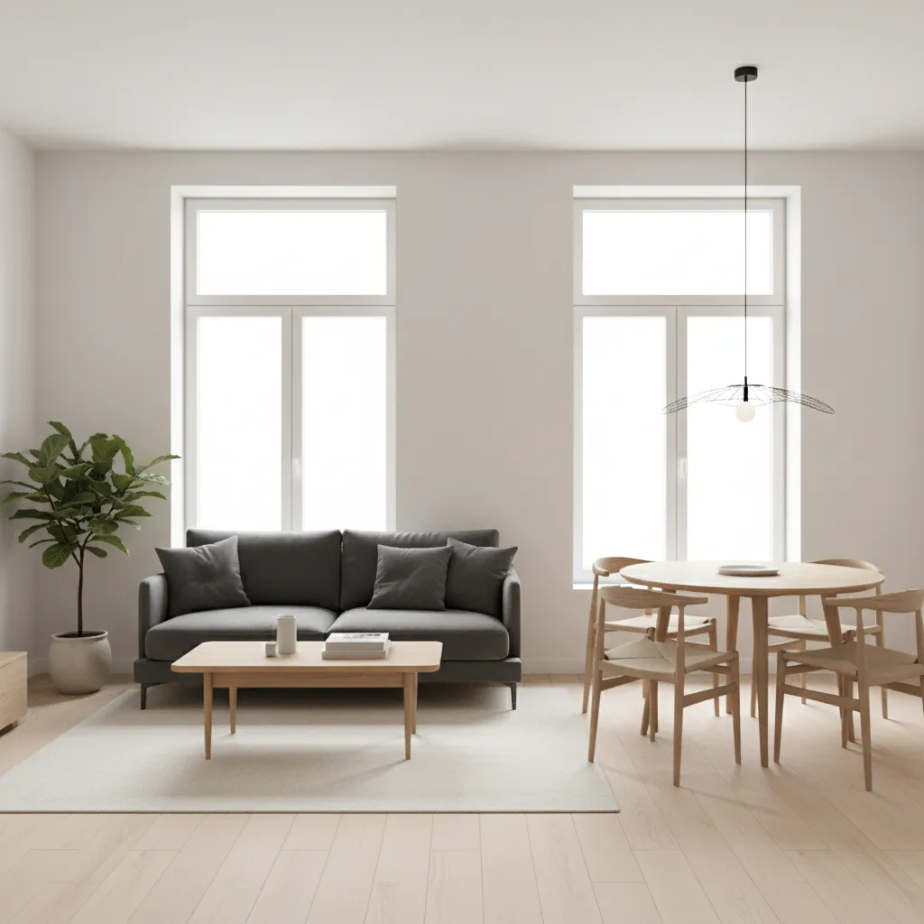 Lightweight furniture with slim legs in a small living dining room