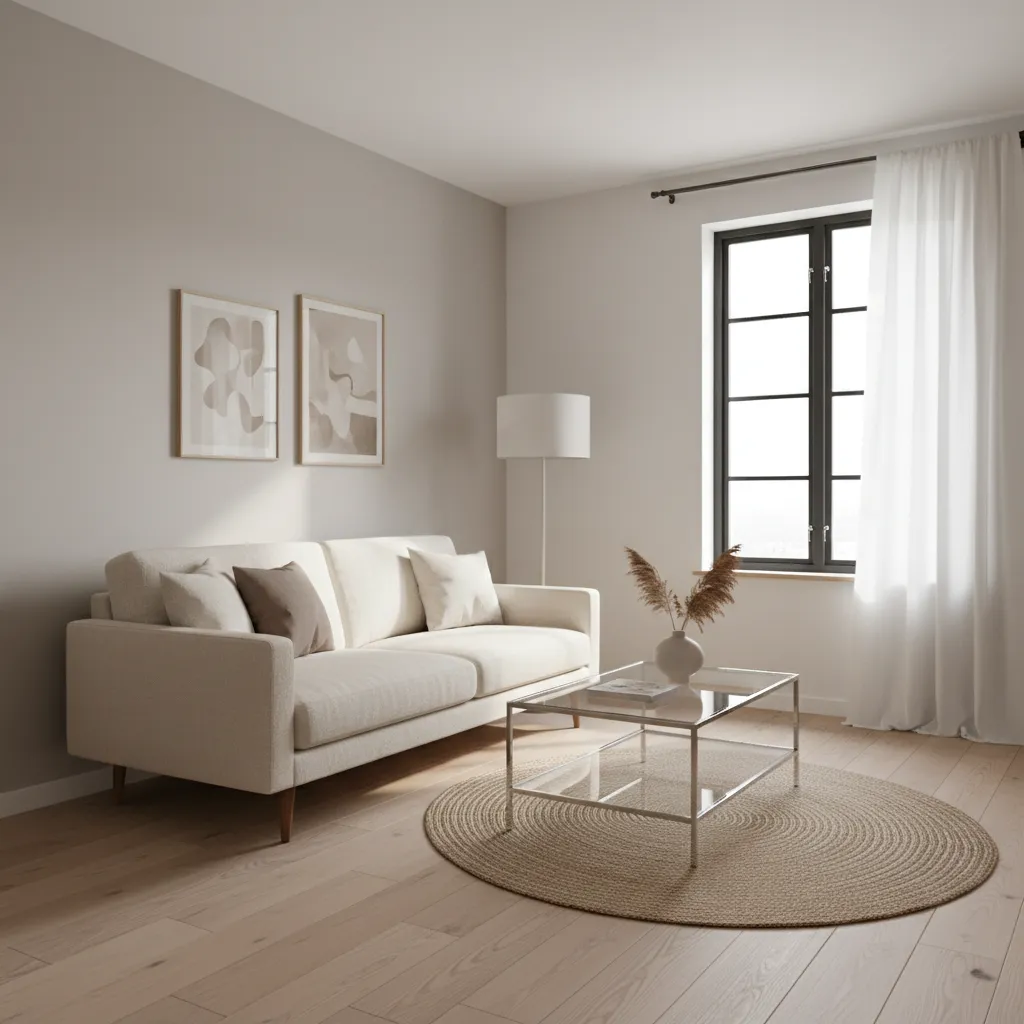 Small living room with leggy furniture and glass coffee table