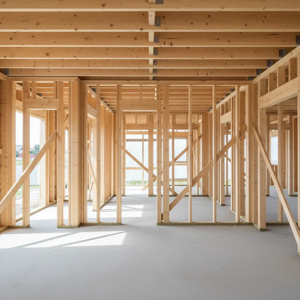 exposed lightweight residential frame structure during construction