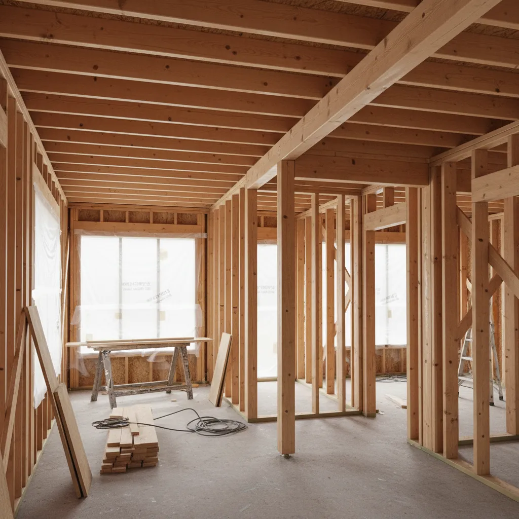 Timber frame lightweight house structure with exposed wall studs and floor framing