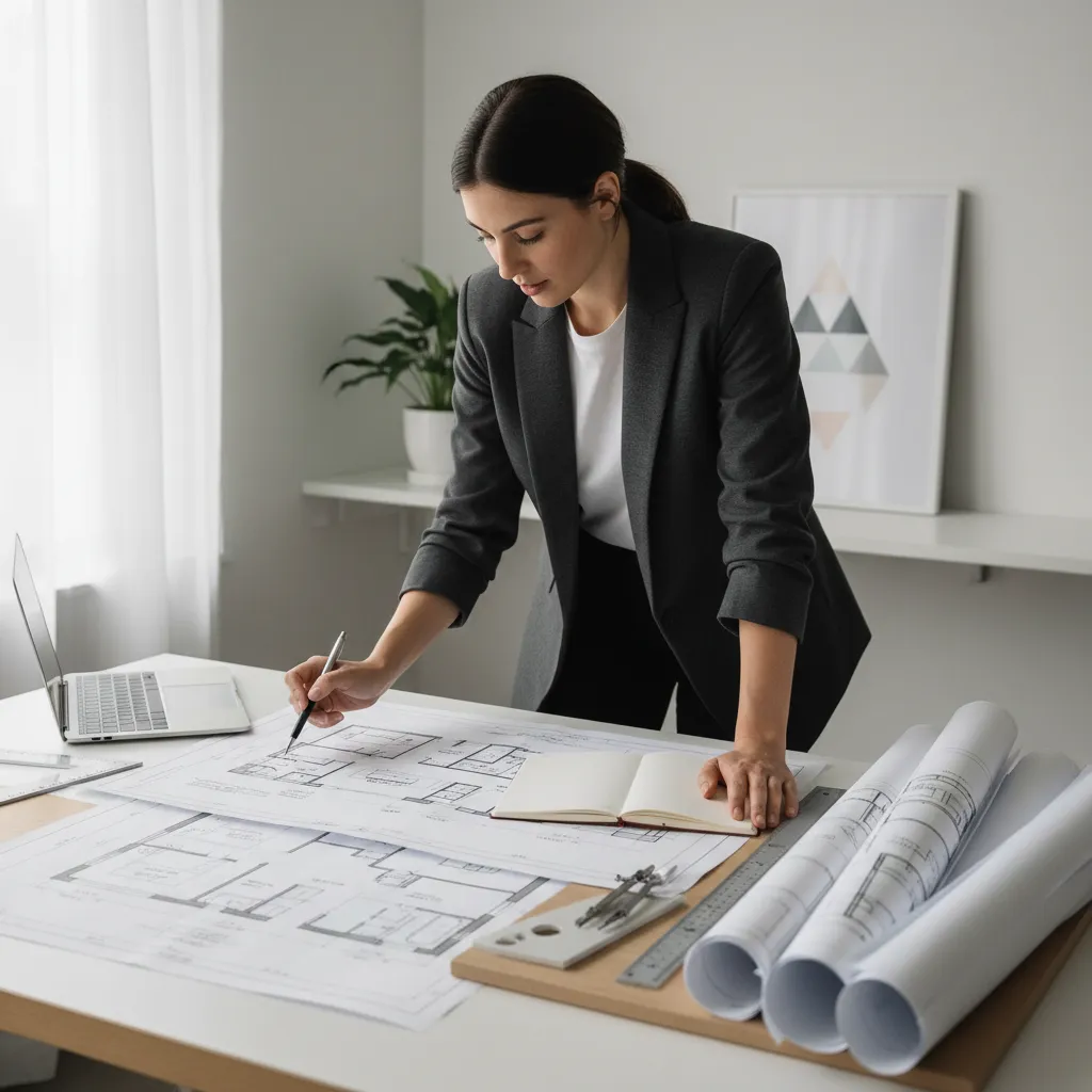 Architect reviewing lightweight house structural floor plan and layout