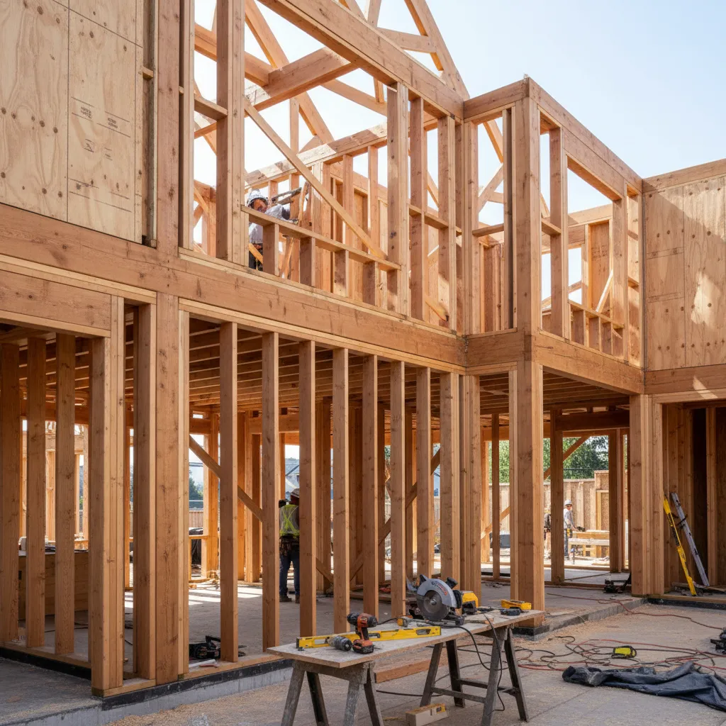Timber frame lightweight house structural skeleton under construction