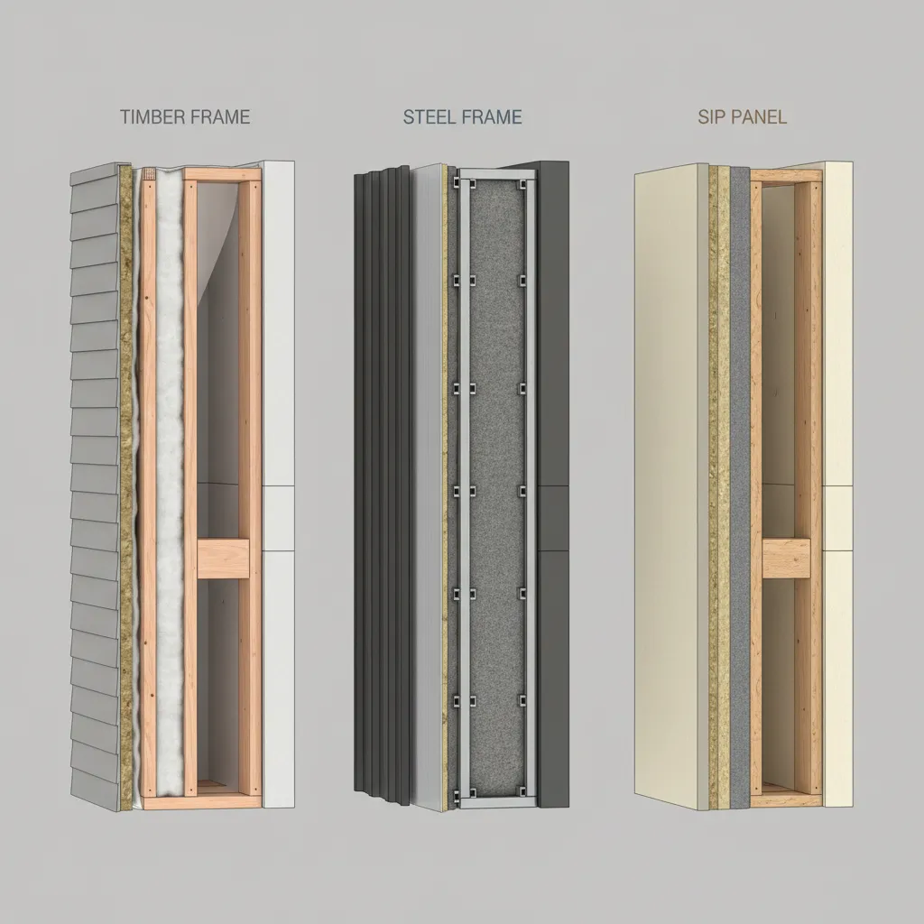 visual comparison diagram of timber frame steel frame and SIP wall systems