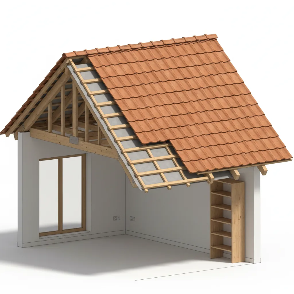 Cross section showing lightweight synthetic roof tile structure