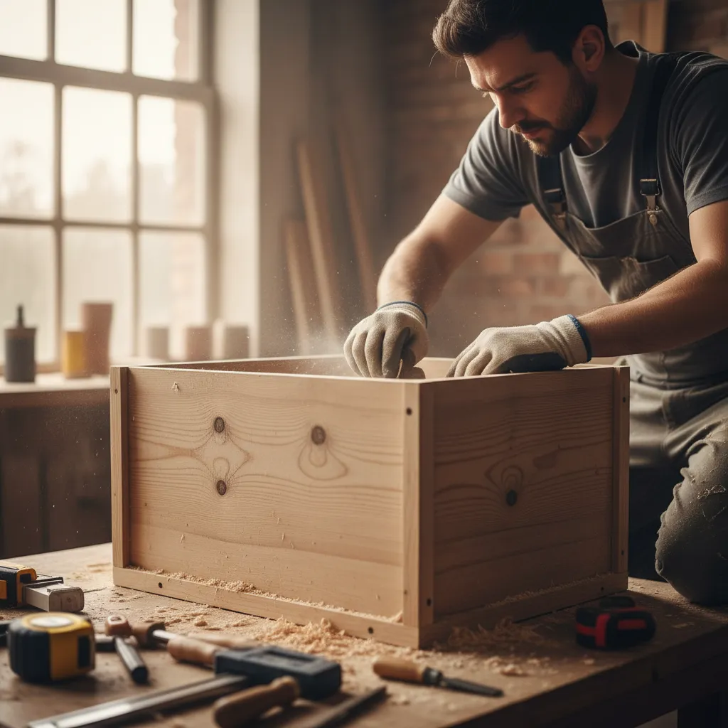 Proceso de lijado del interior de una caja de madera