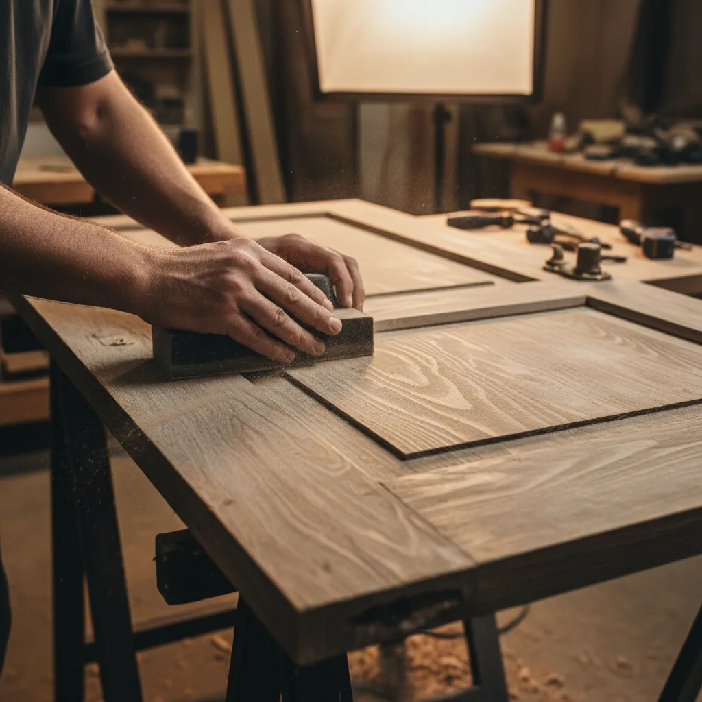 Proceso de lijado de una puerta de madera antes de restaurarla
