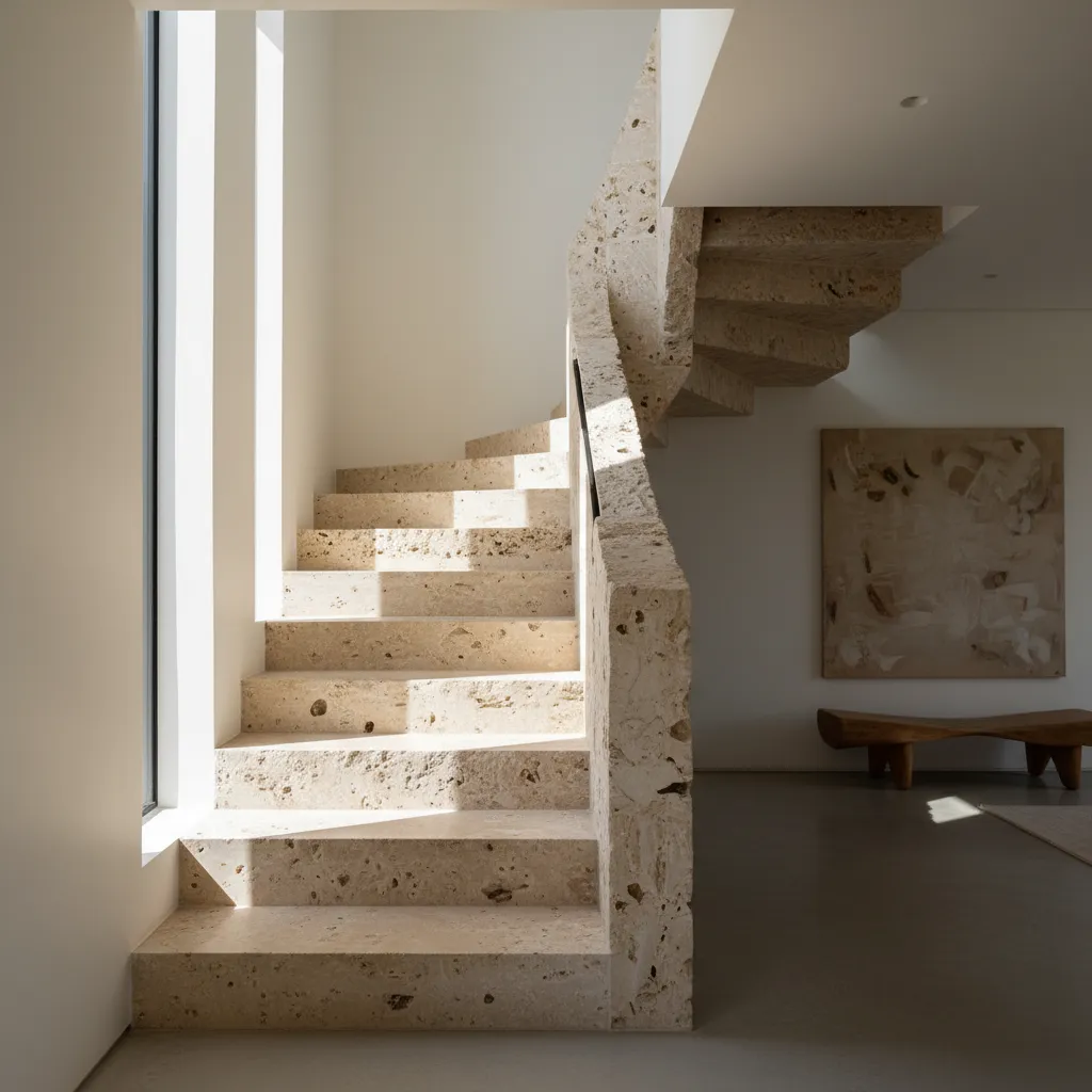 Escalera interior de piedra caliza con iluminación lateral