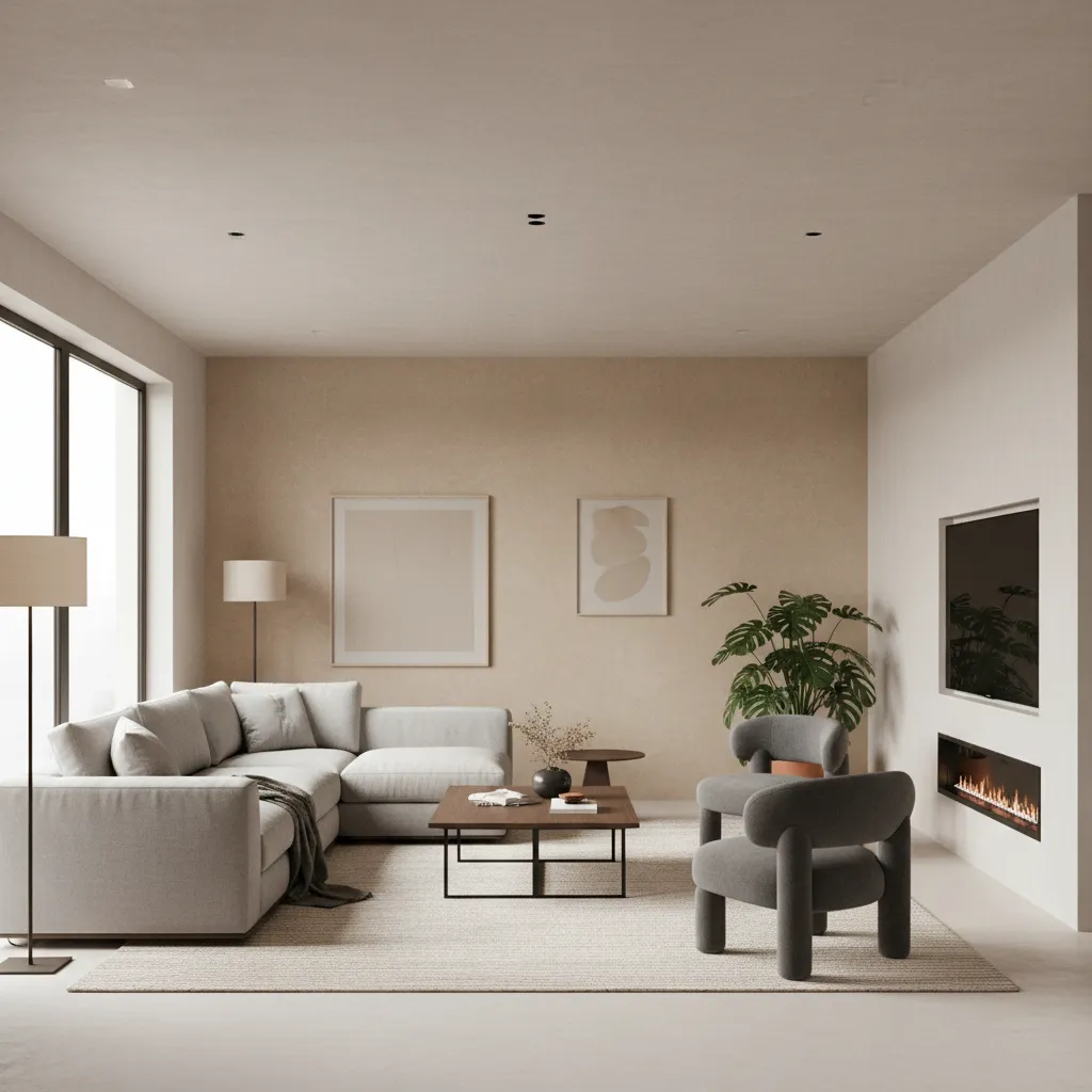 Modern living room with limewash glaze accent wall behind sofa