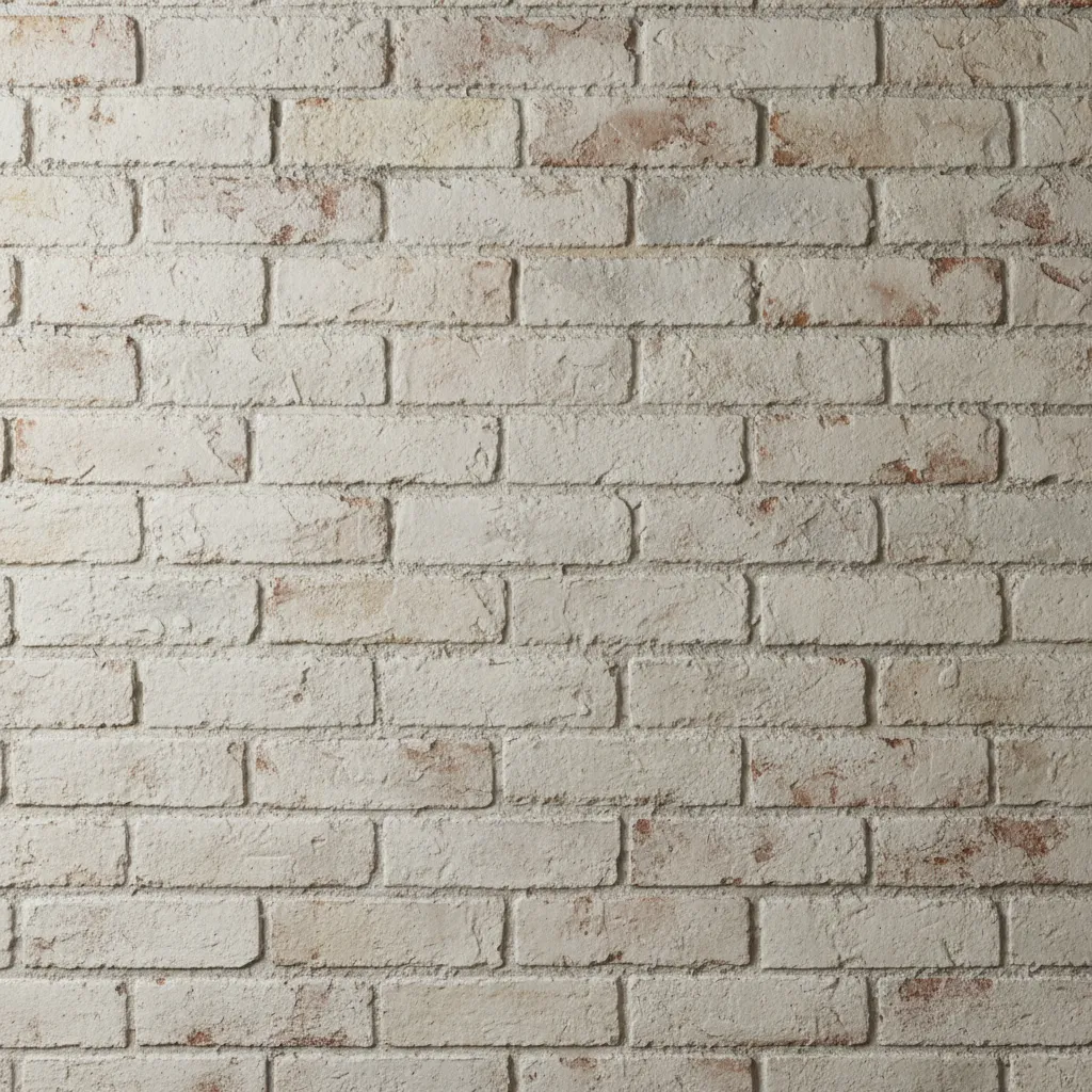 Close view of limewash coating on textured brick wall
