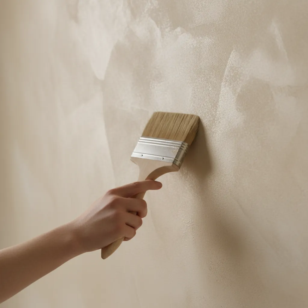 natural bristle brush applying limewash glaze texture to interior wall