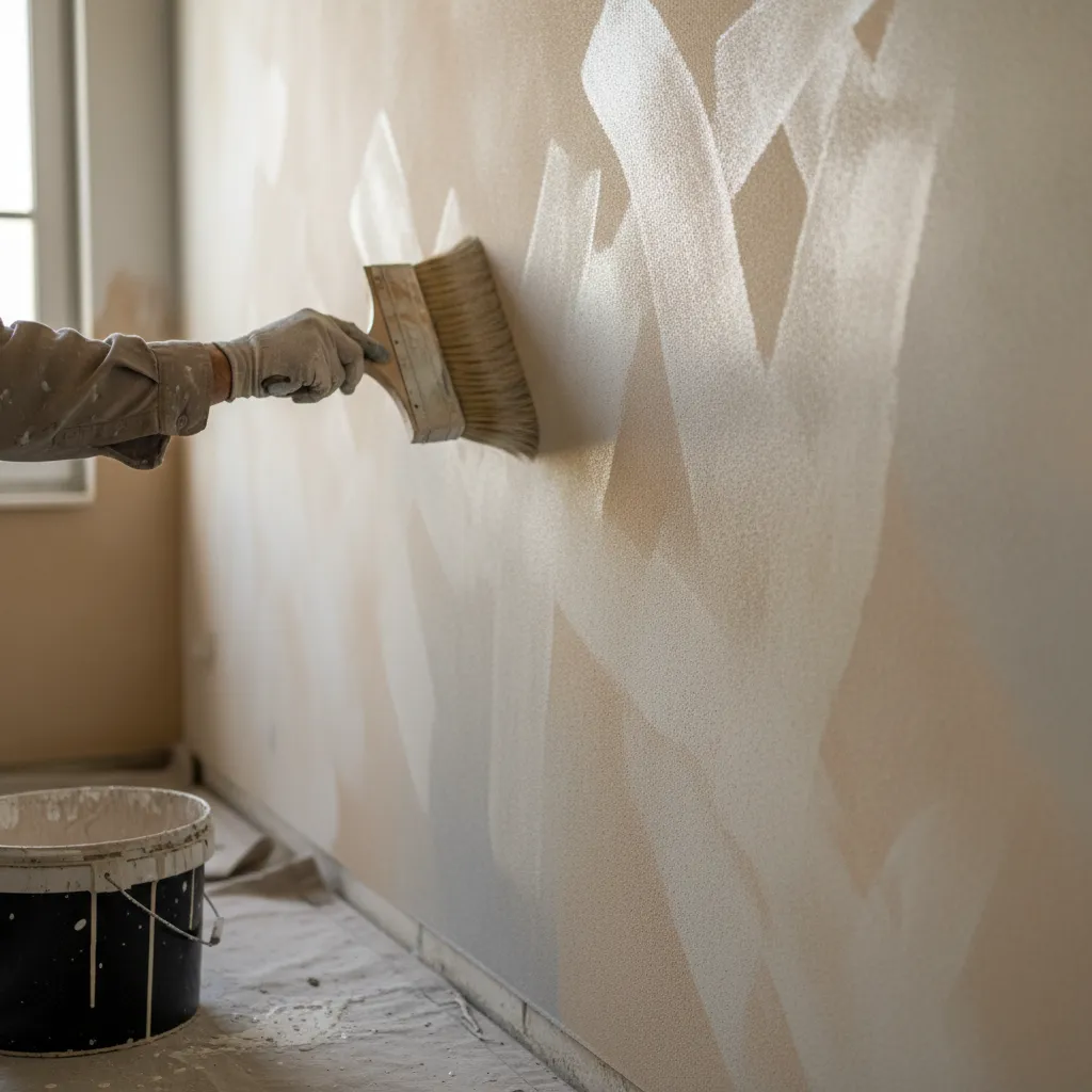 Painter applying limewash glaze with cross brush strokes