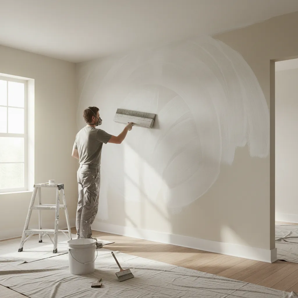 Applying limewash with large masonry brush creating texture