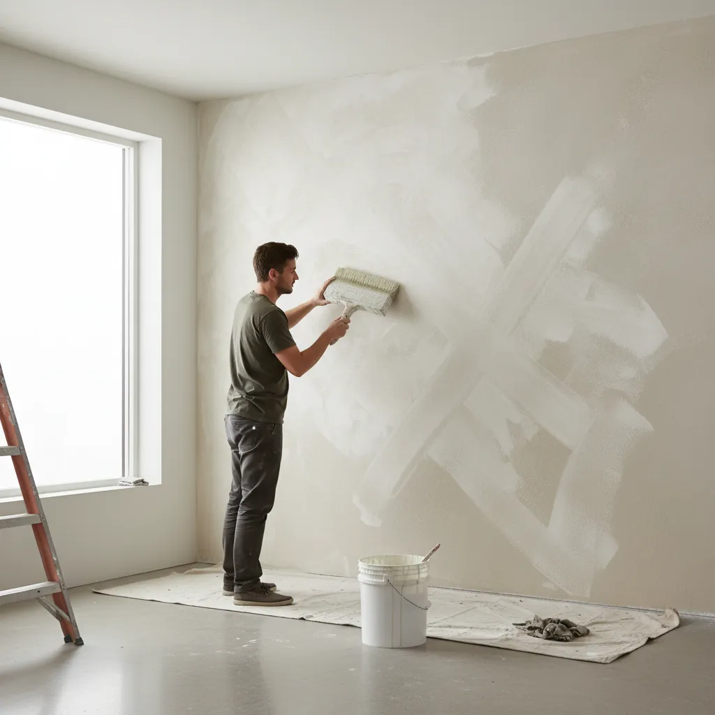 Applying limewash paint with cross brush technique on interior wall