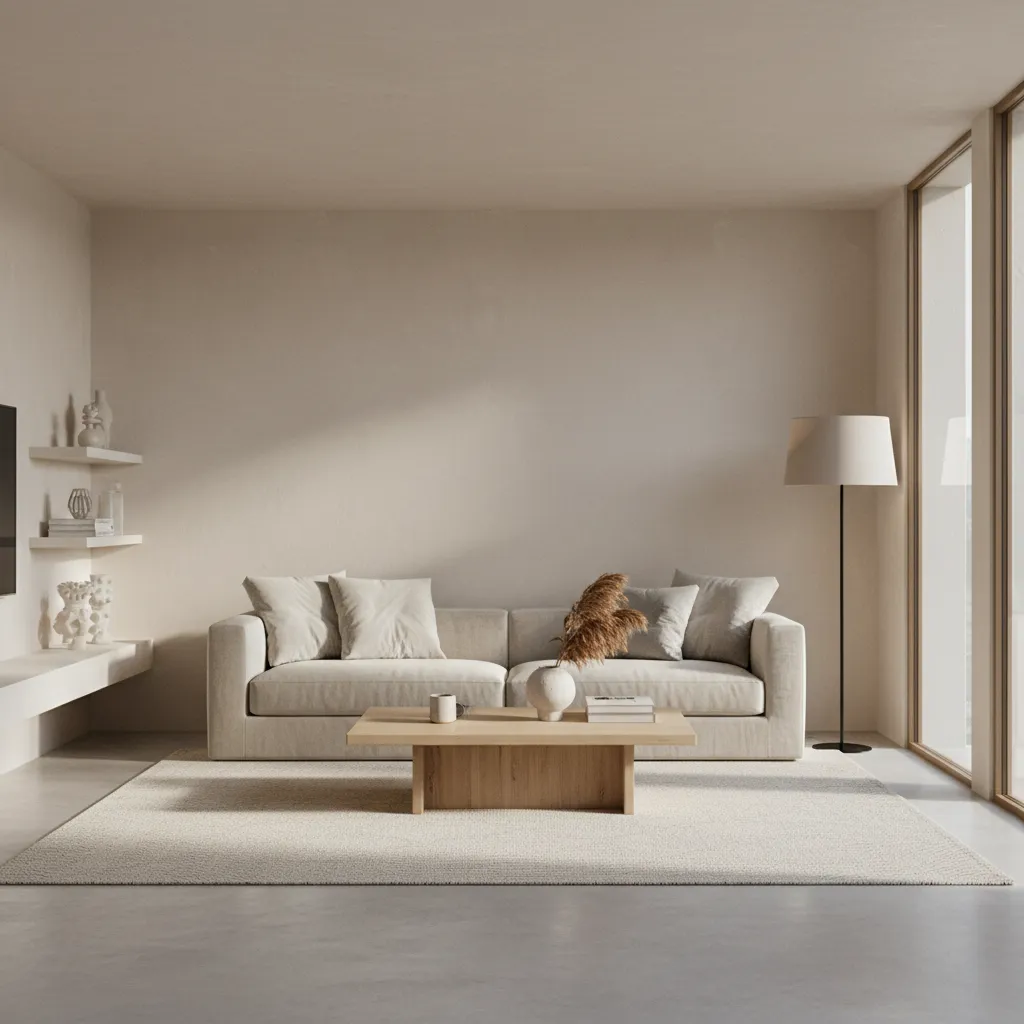 Living room with textured limewash feature wall and neutral furniture