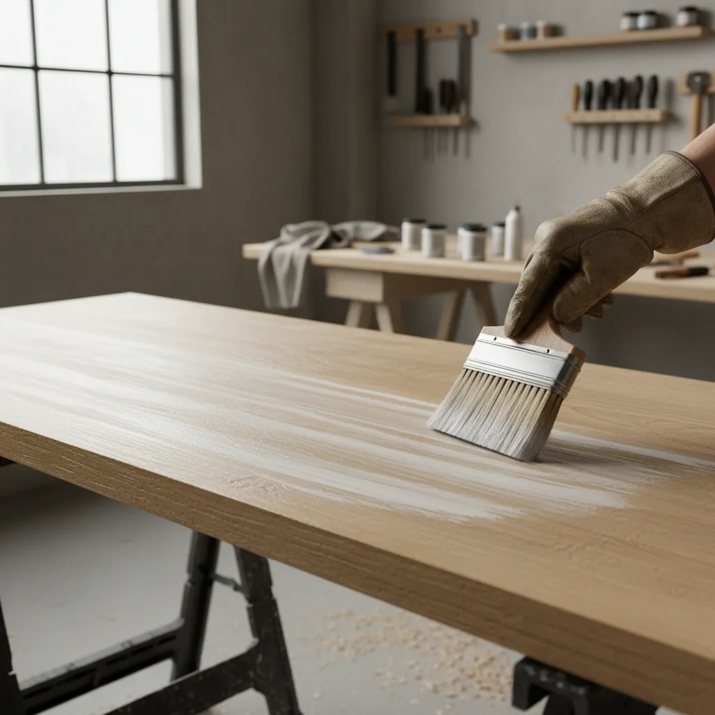 Hand using a brush to apply white paint onto a wooden table inside a workshop