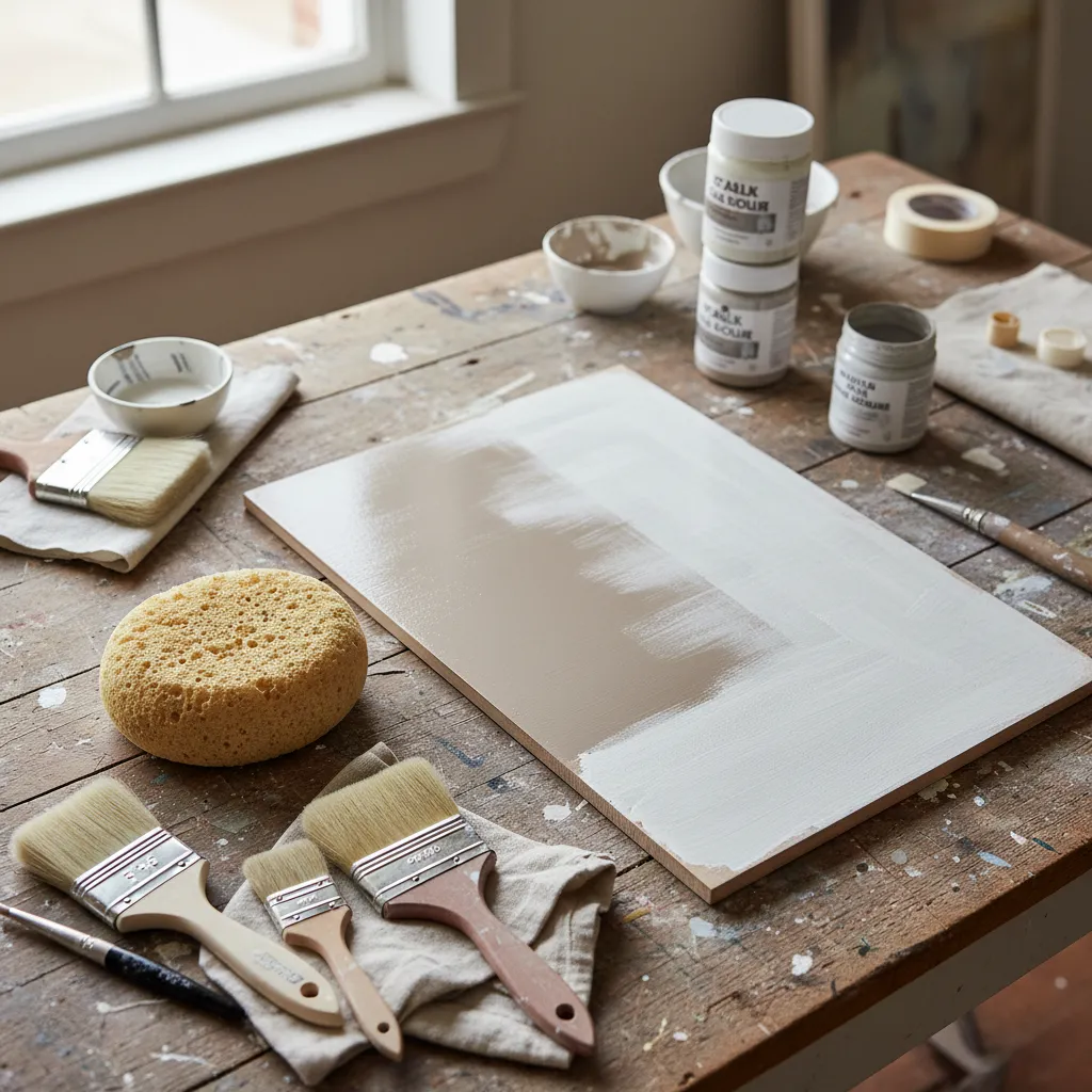 Wooden table holding paint brushes a yellow sponge and jars of white paint for home decor