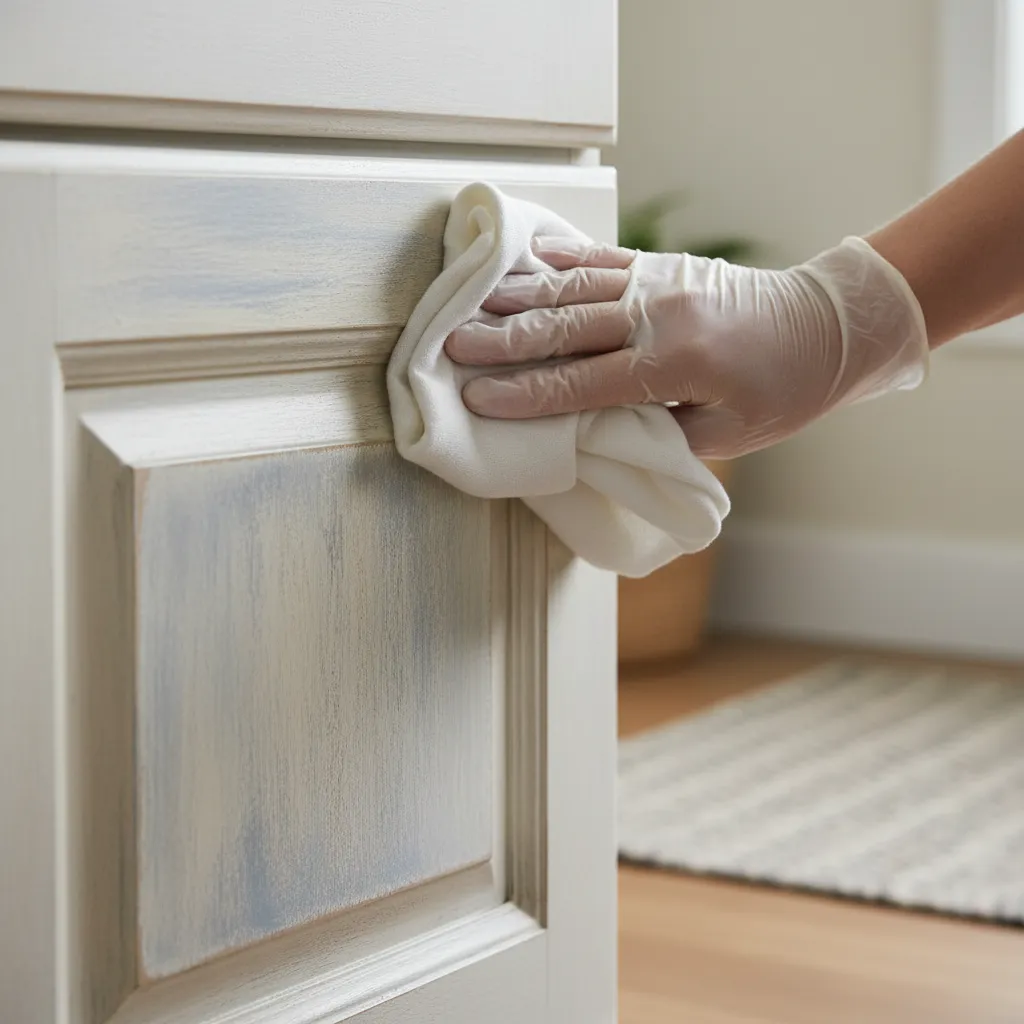 A person wearing white gloves uses a soft cloth to apply paint to a wooden cabinet
