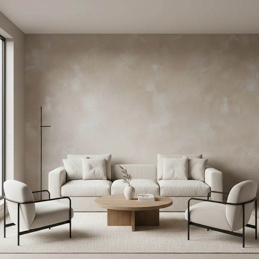 Living room feature wall finished with soft textured limewash glaze