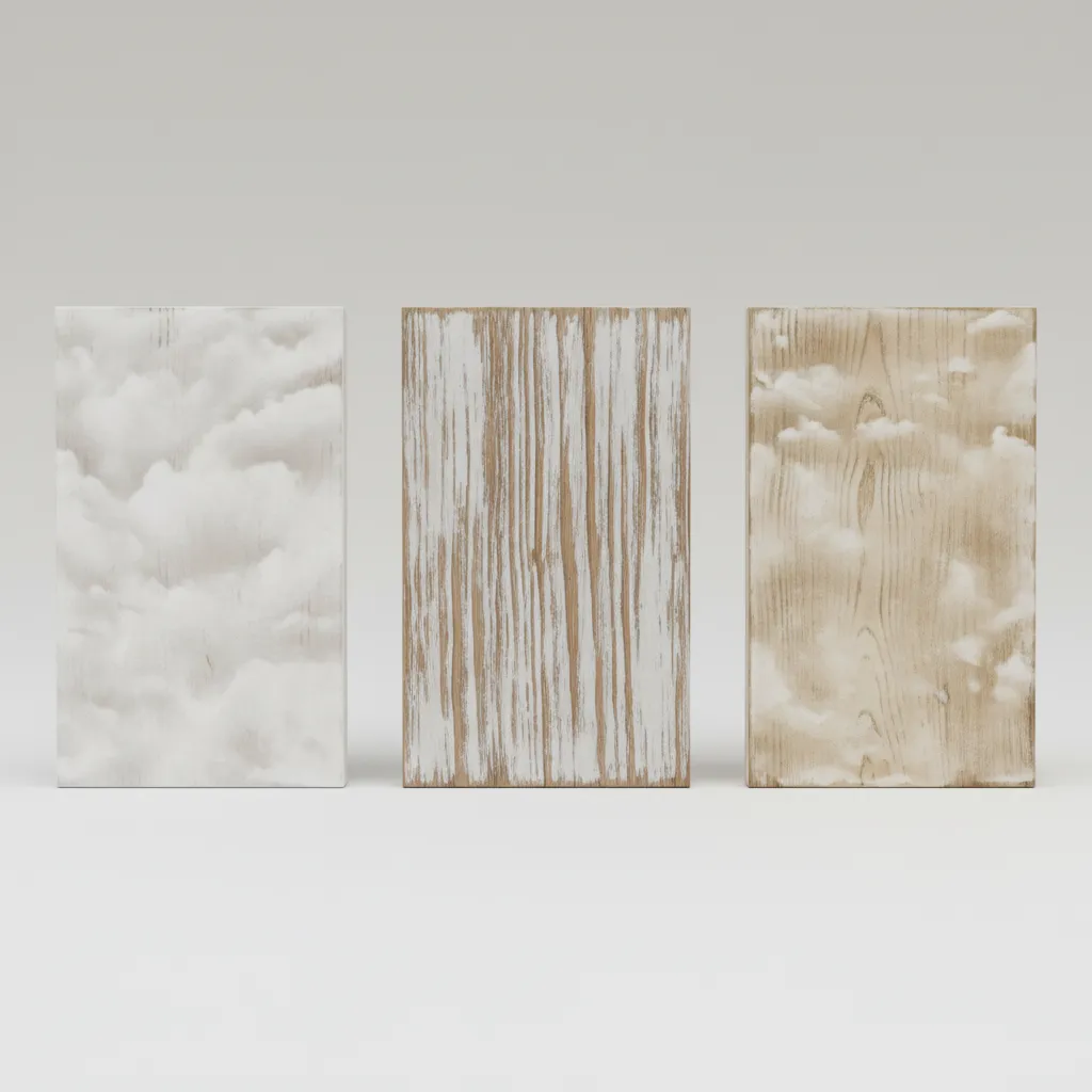 Three wood boards showing different white paint finishes including cloud patterns and wood grain textures