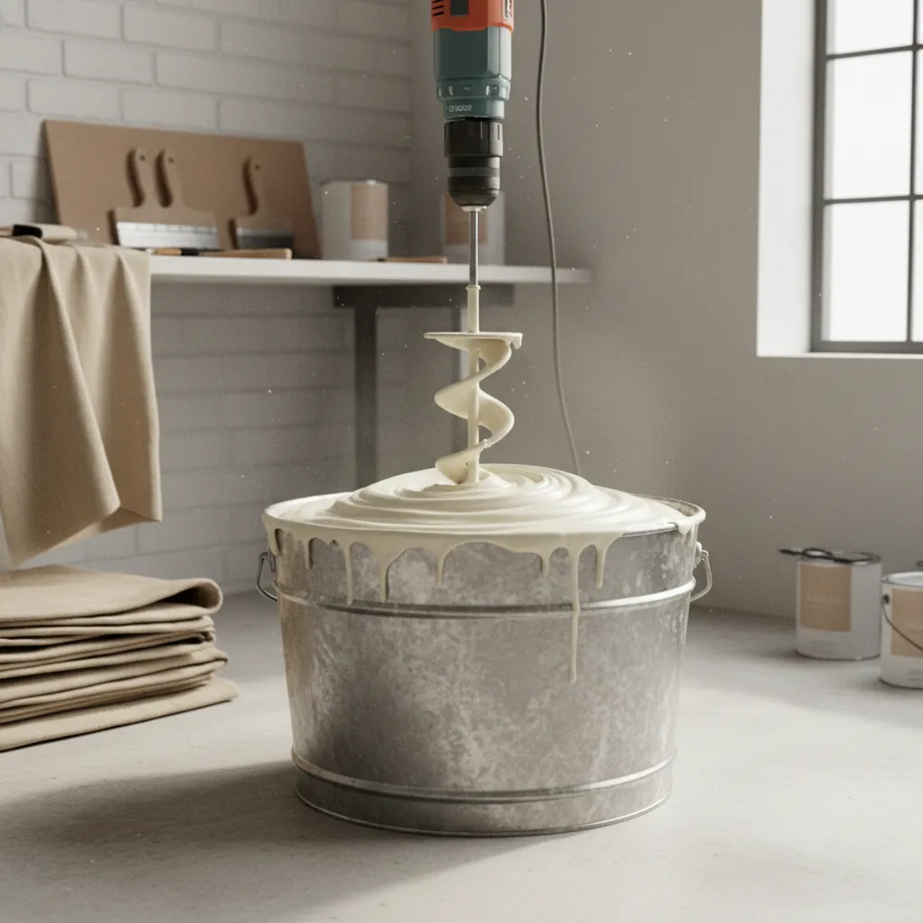mixing limewash glaze in bucket with drill mixer tool