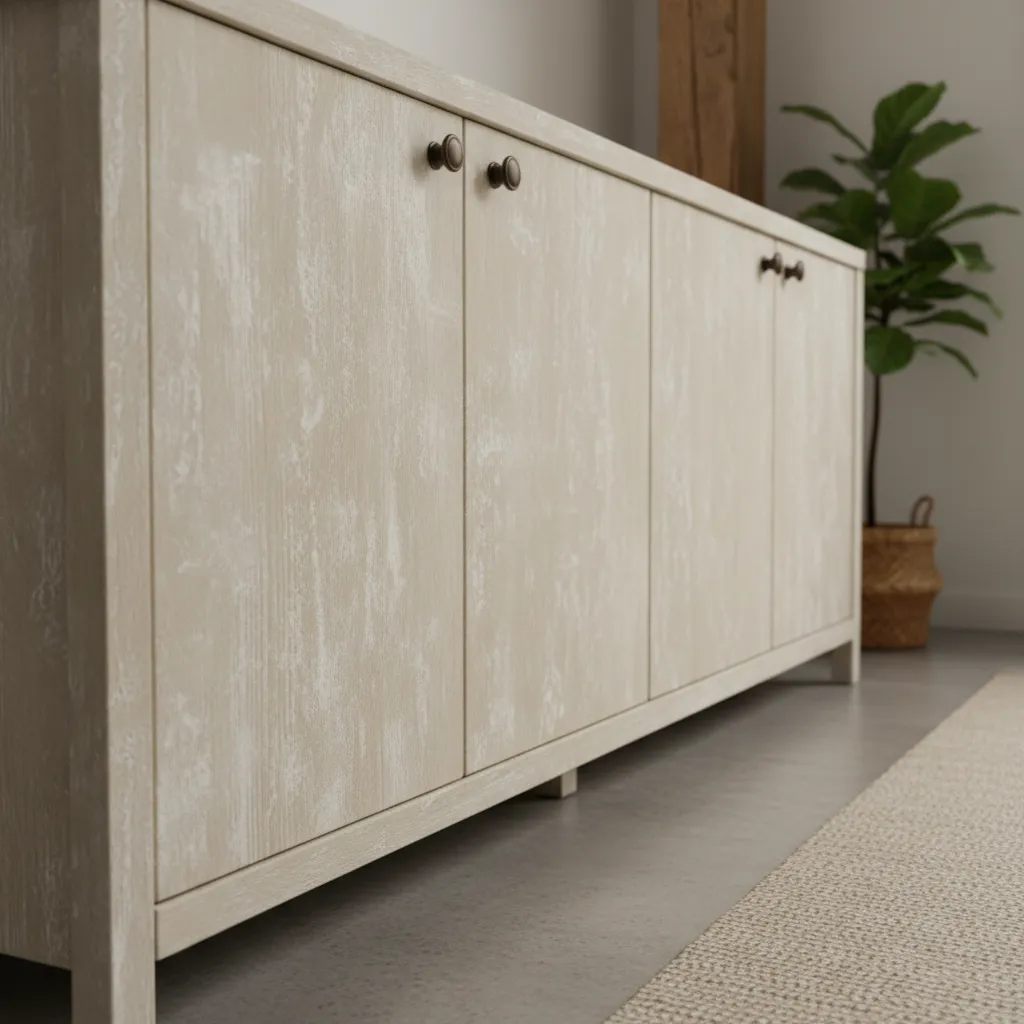Light colored wooden cabinet with a textured finish standing next to a green potted house plant