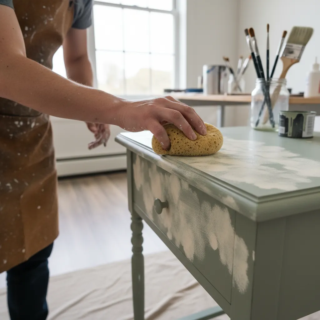 Person in a brown apron using a yellow sponge to blend paint on a green table