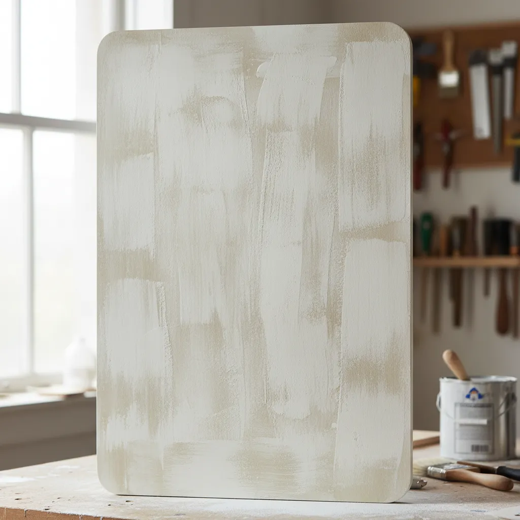 Vertical board showing white paint streaks on wooden workbench with a white paint can nearby