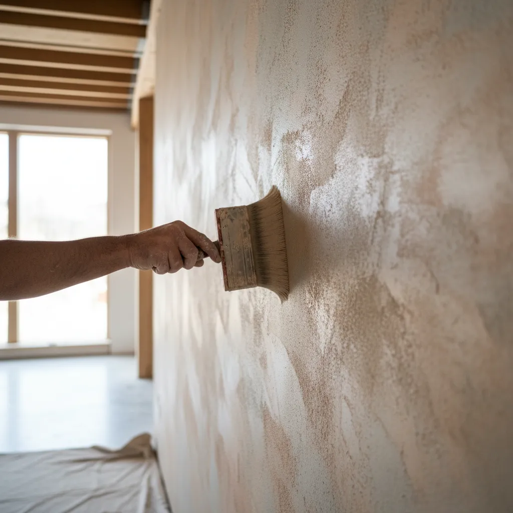 Applying limewash with wide masonry brush using cross strokes