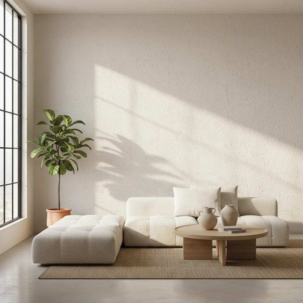 sunlight moving across limewash textured wall in living room