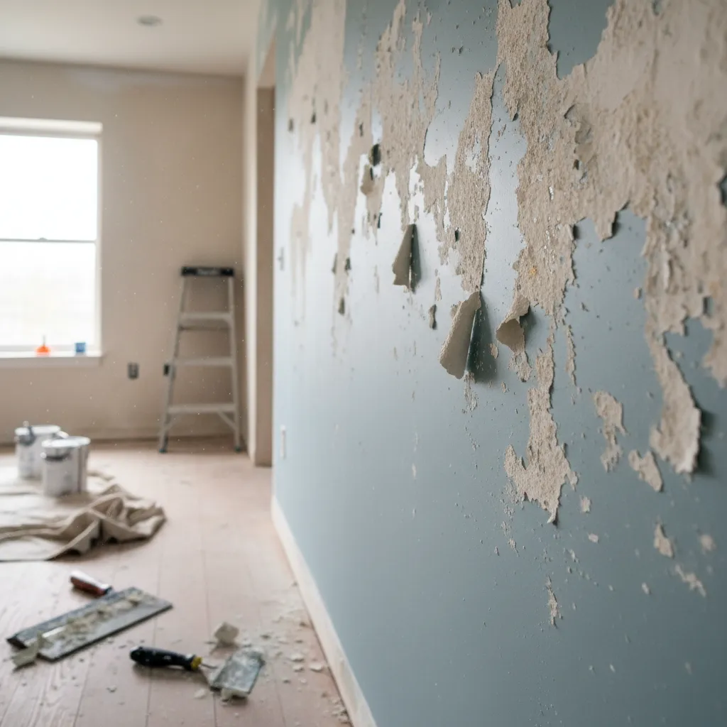 Peeling limewash glaze over painted drywall showing adhesion problem