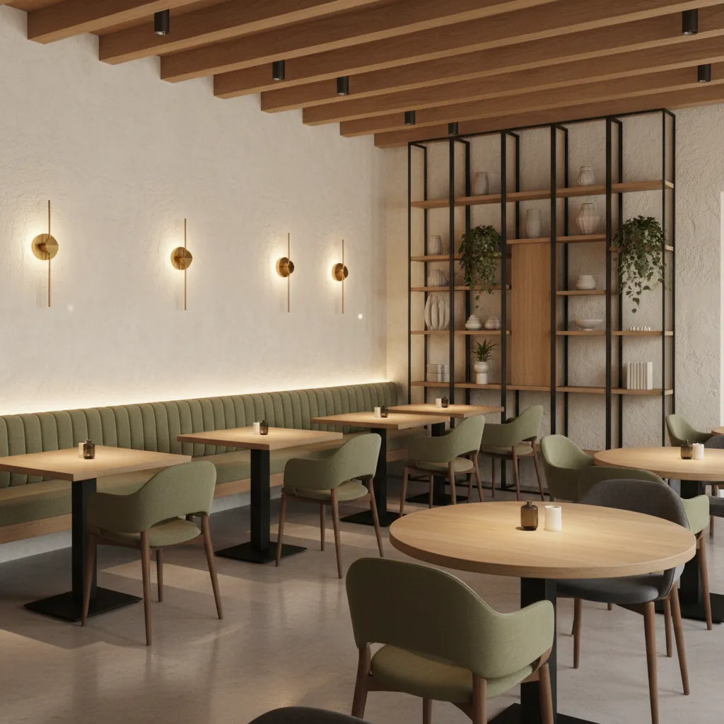 Boutique restaurant interior with decorative limewash wall finish