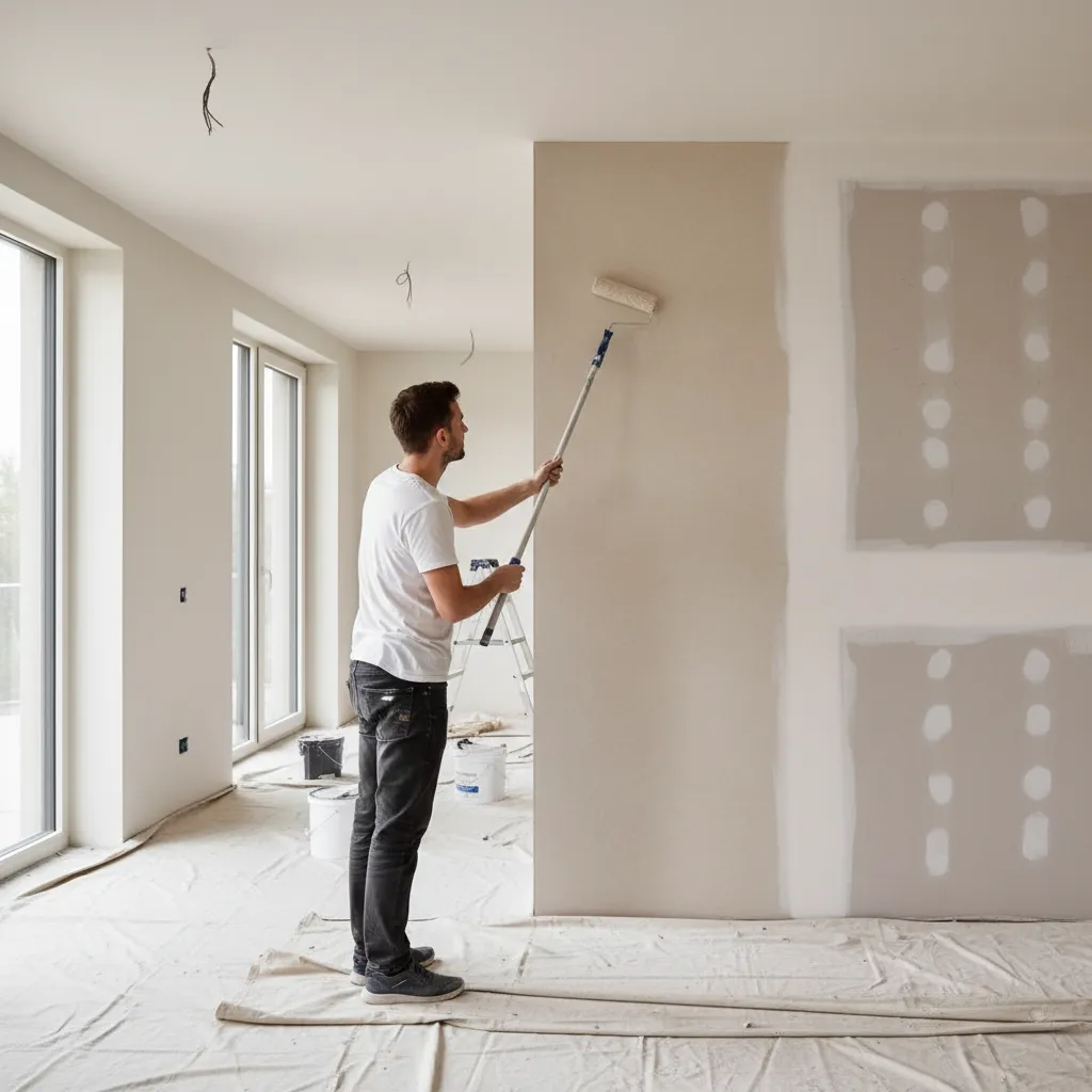 Applying limewash paint with roller on interior drywall surface