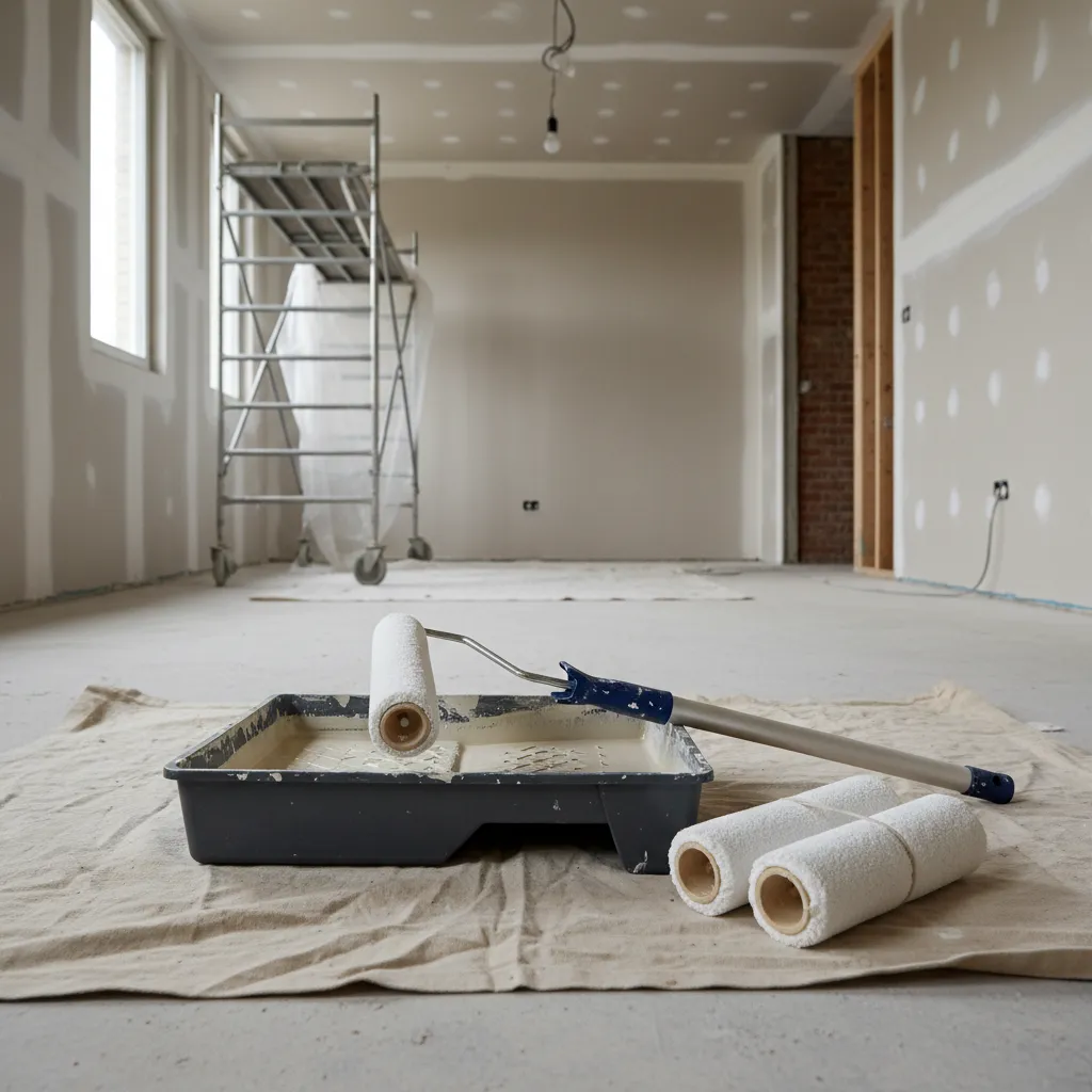 Roller setup with tray extension pole and microfiber roller for limewash painting