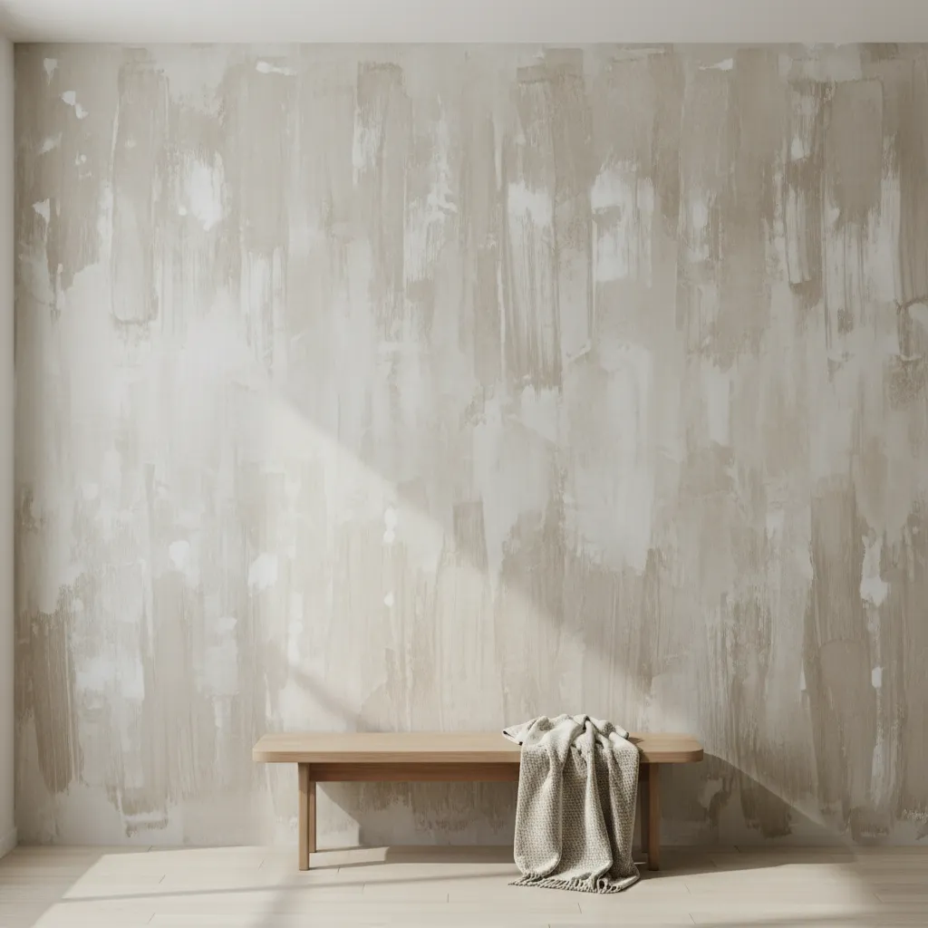 Limewash wall with visible roller streaks and application marks
