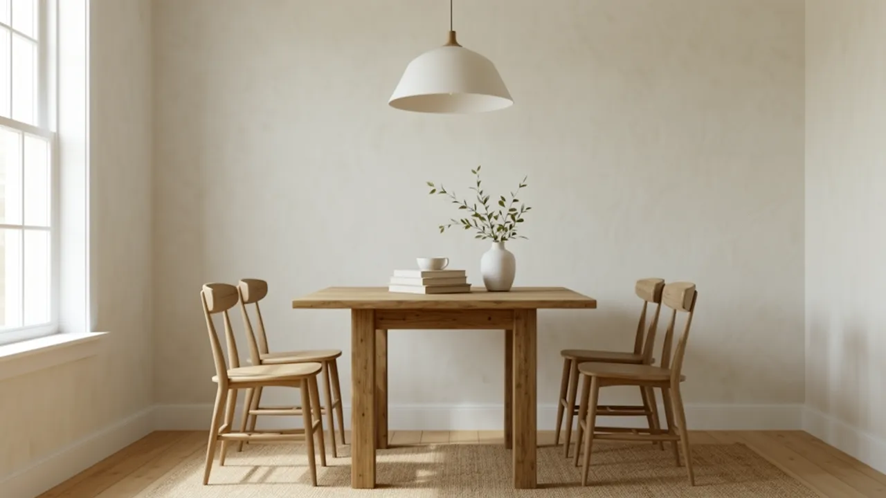 light limewash rustic wall finish in small dining nook