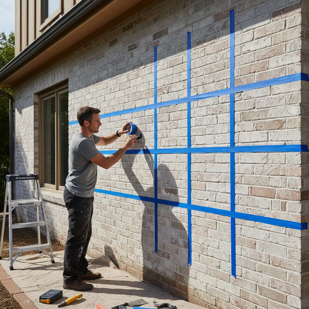 homeowner performing tape adhesion test on limewash wall