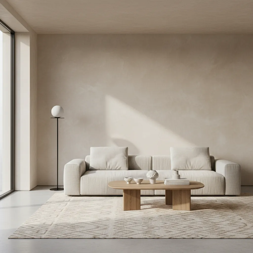 Living hall with subtle limewash textured wall behind sofa