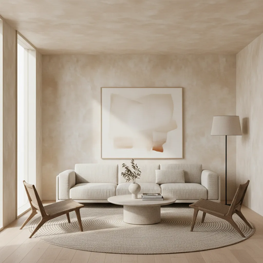 Elegant living room with soft limewash textured wall finish