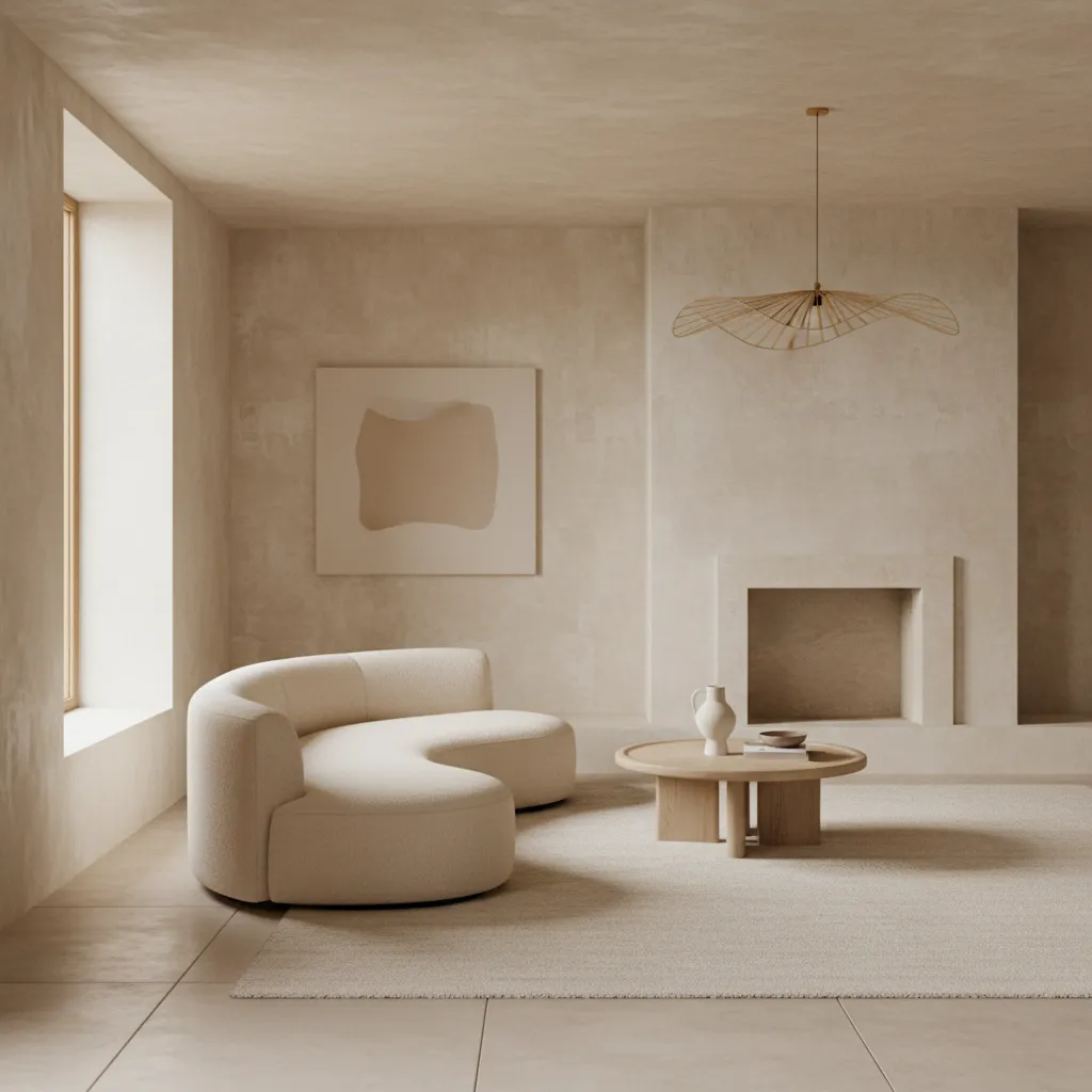 Soft limewash textured wall in a neutral living room