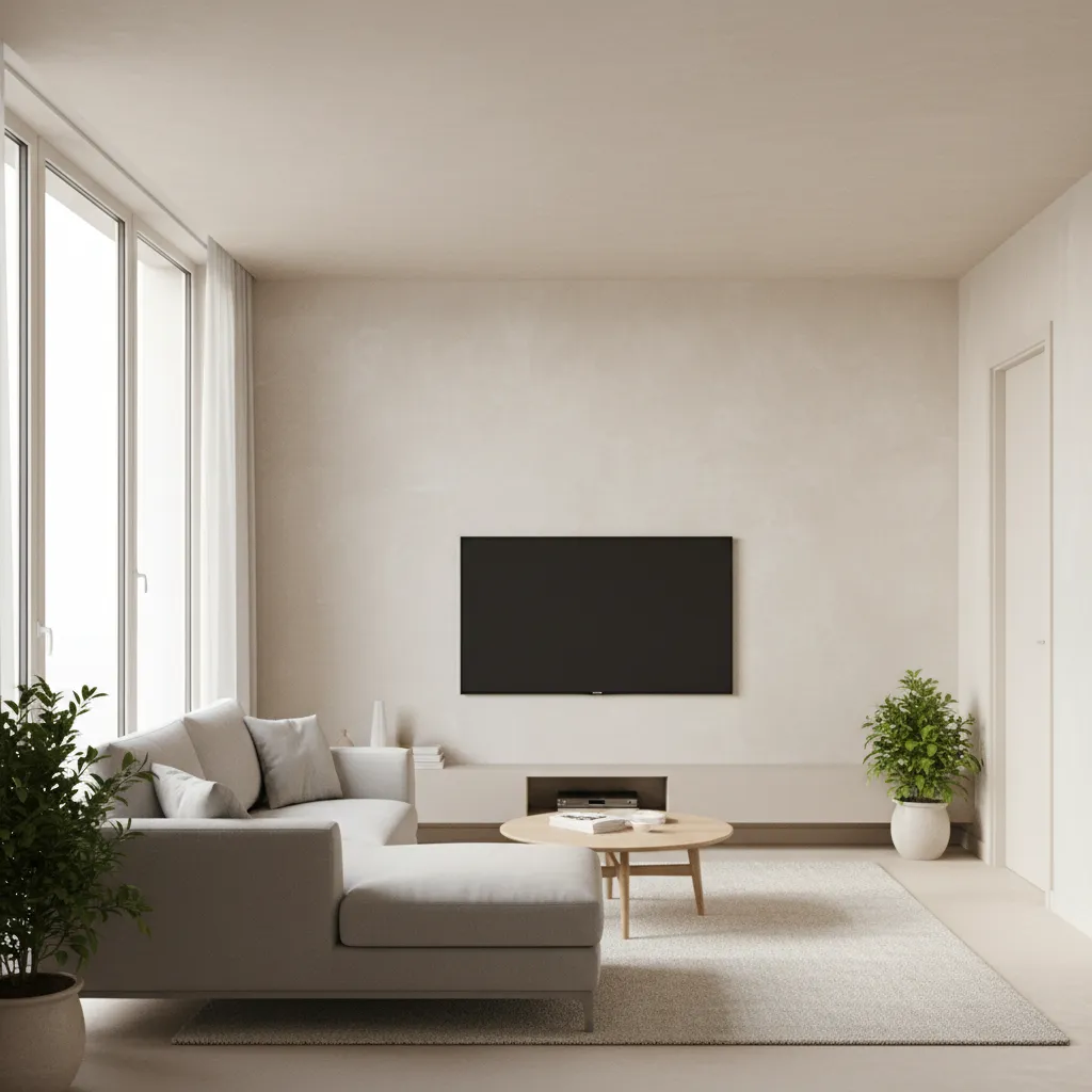 Soft limewash texture TV wall in a small modern living room