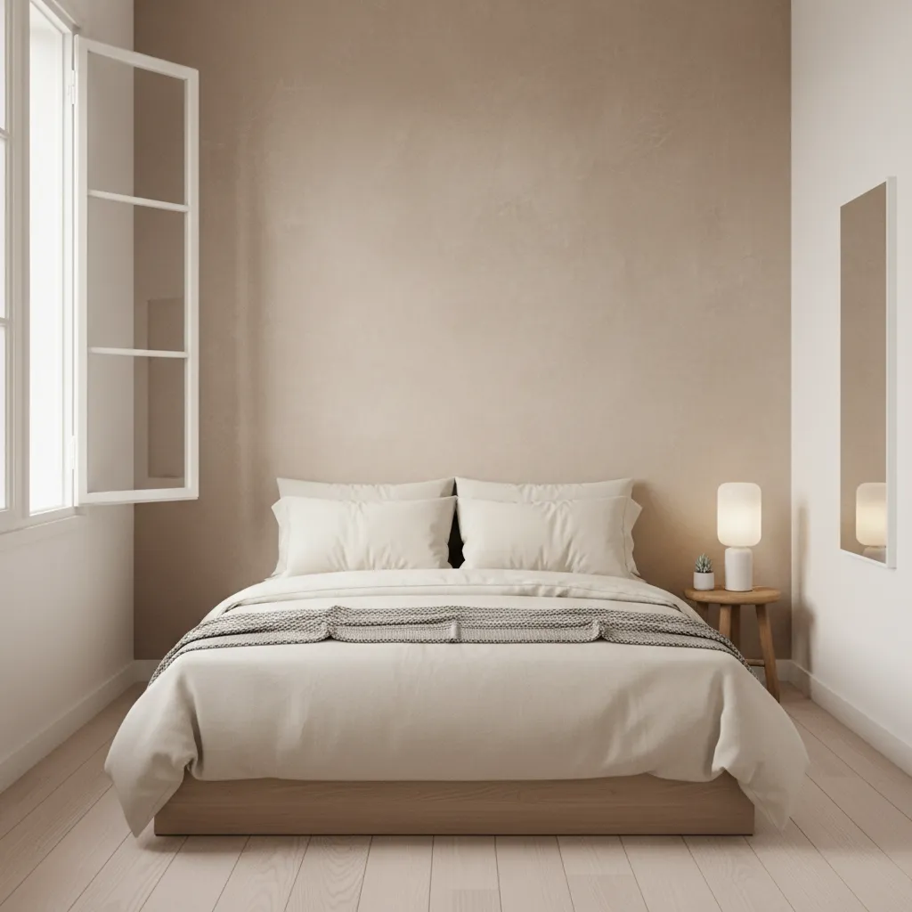 small bedroom featuring soft limewash texture wall behind bed
