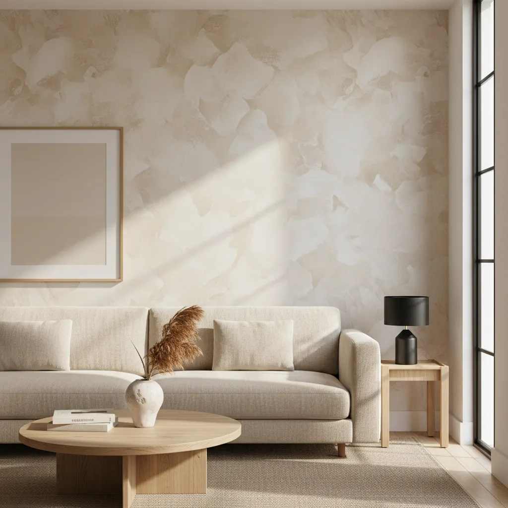 living room with soft limewash textured wall behind sofa