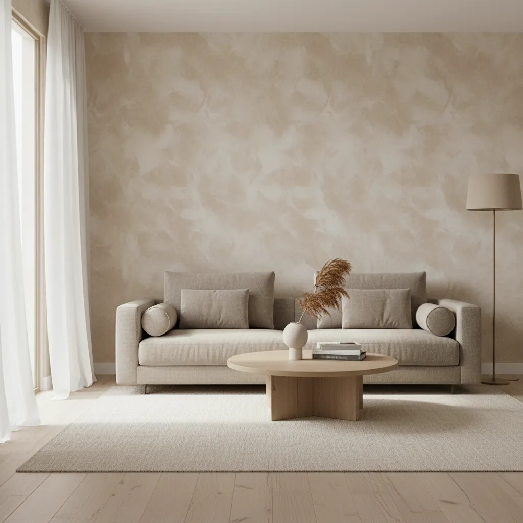 Living room with soft limewash textured wall behind sofa