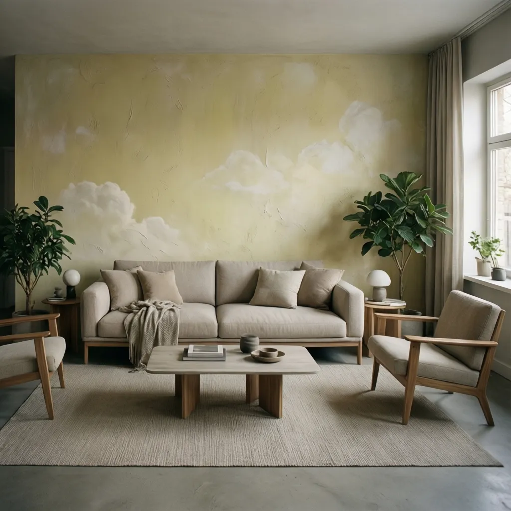 Living room with soft limewash textured wall behind sofa