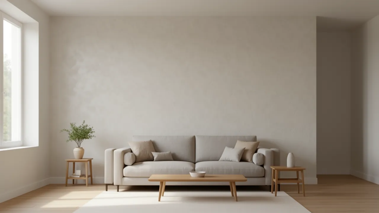 Living room with limewash textured accent wall behind sofa