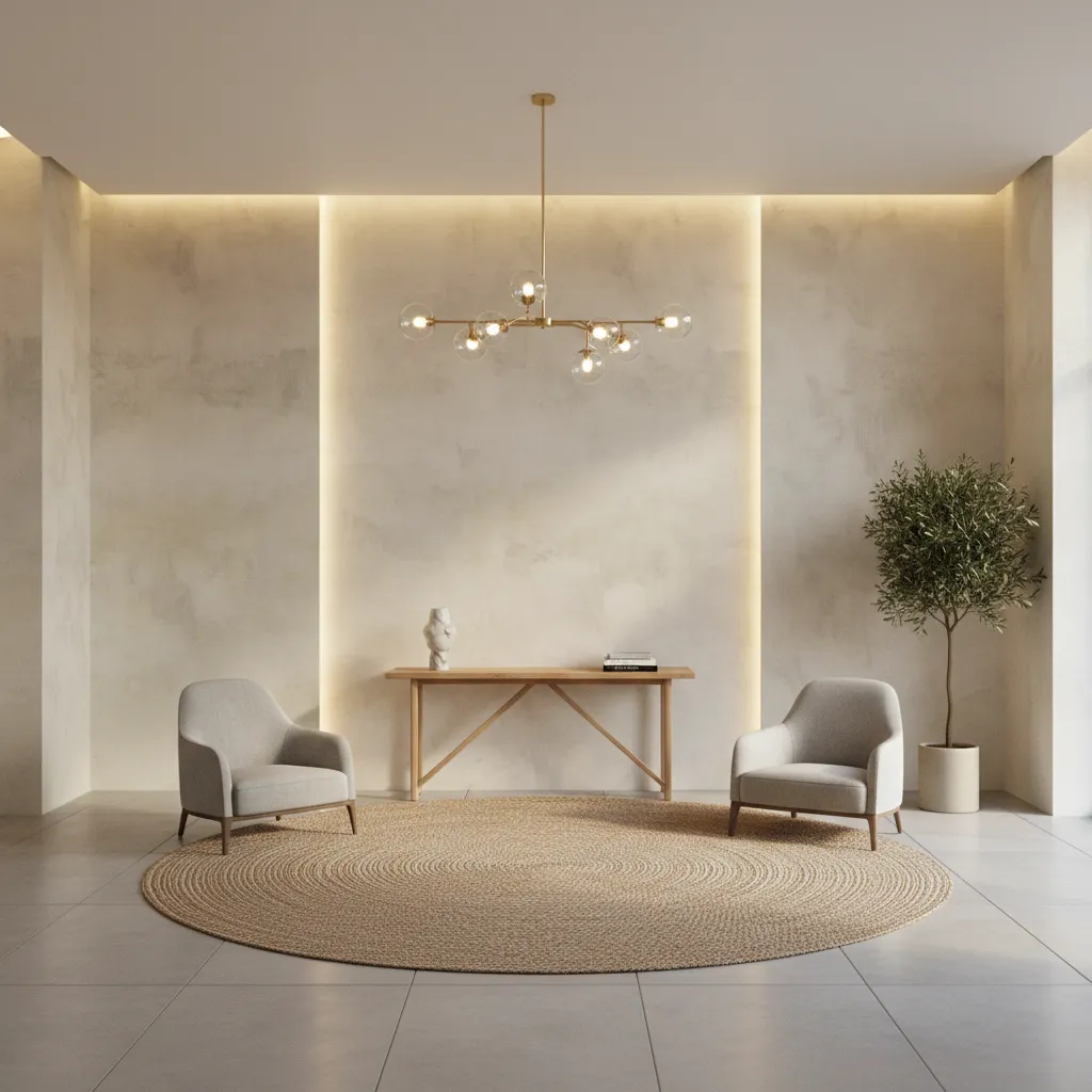 Lobby wall with limewash textured paint finish