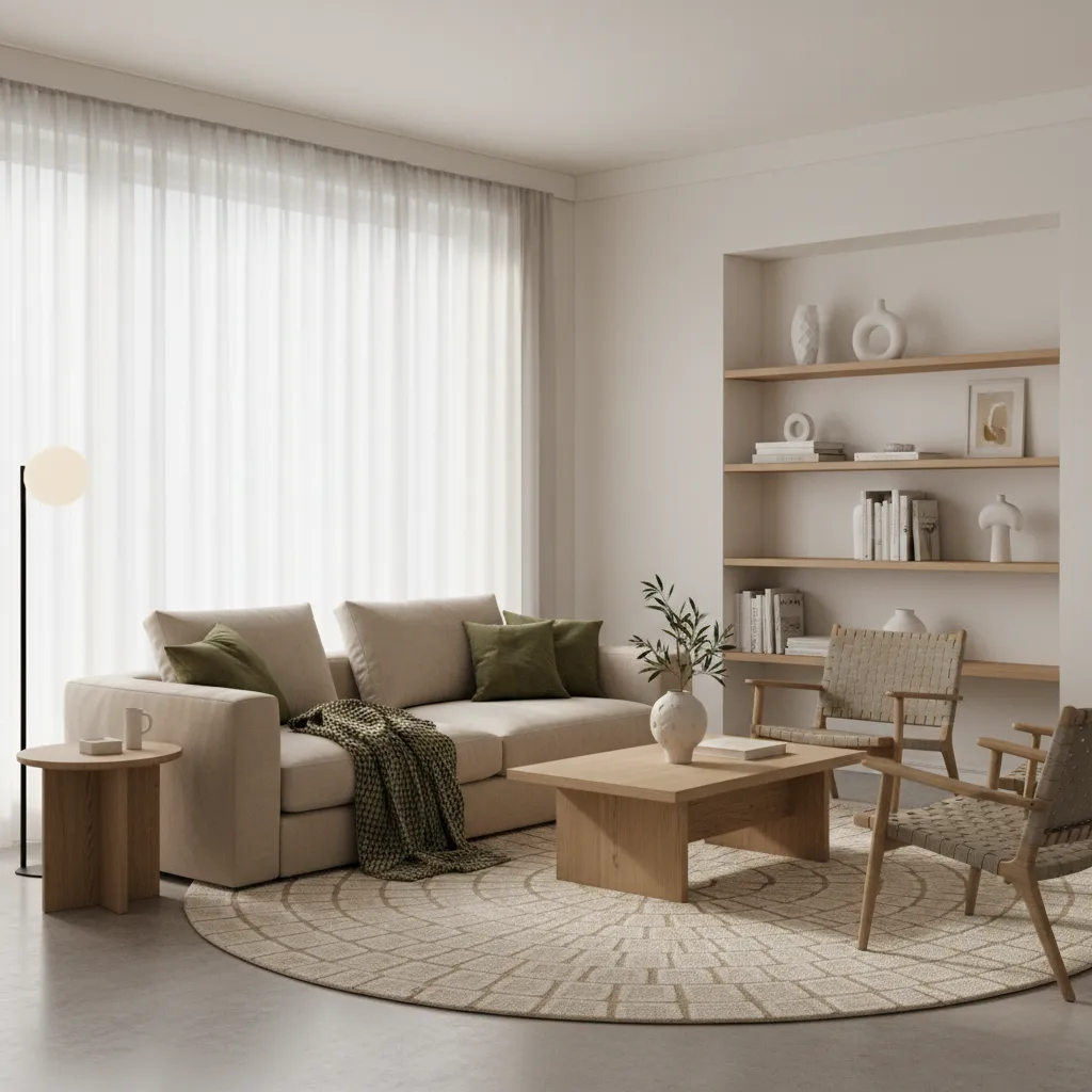 living room with a simple two color palette and natural materials
