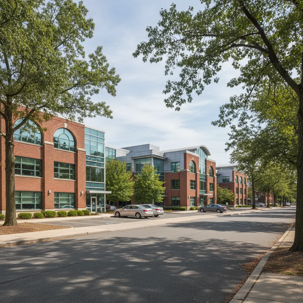 Professional office buildings near Lincoln Park Yonkers with parking lots and quiet streets