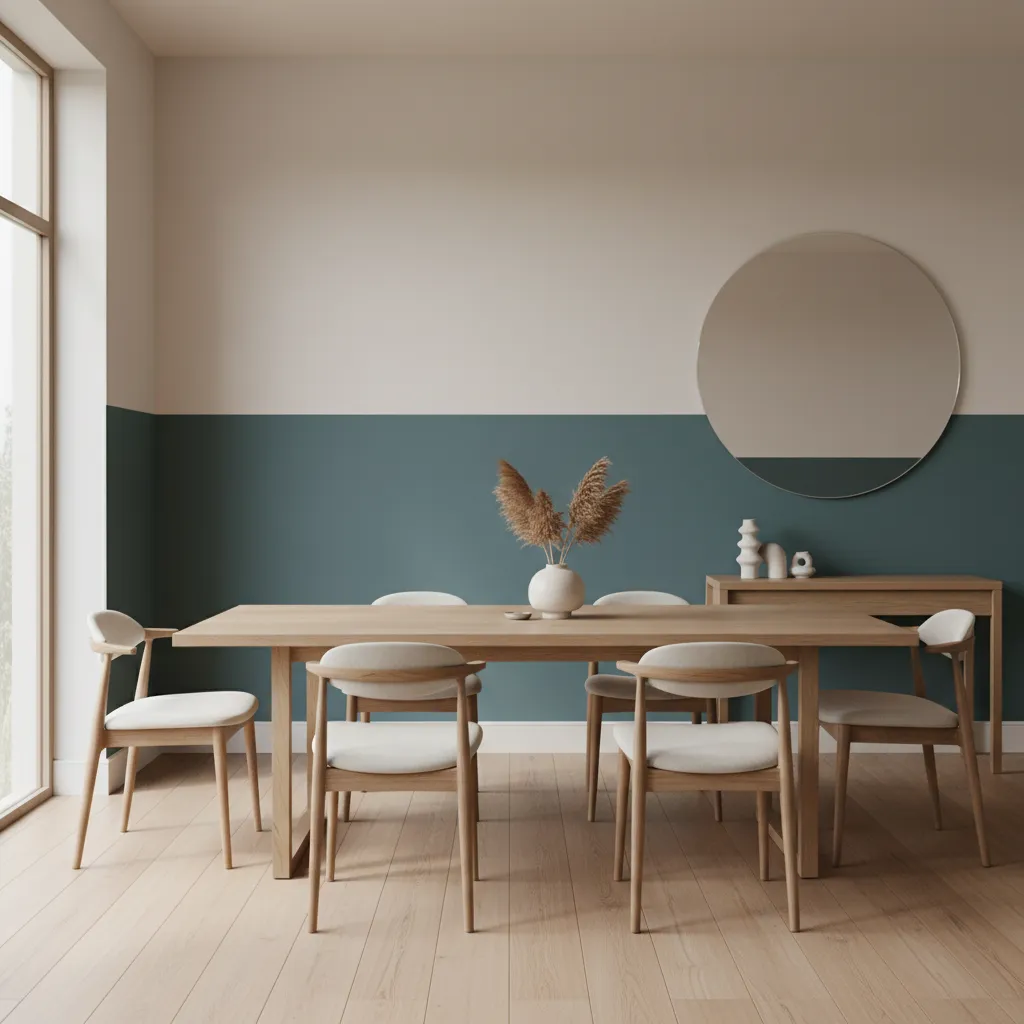 Dining room with large wooden table matching chairs teal and white walls and round mirror