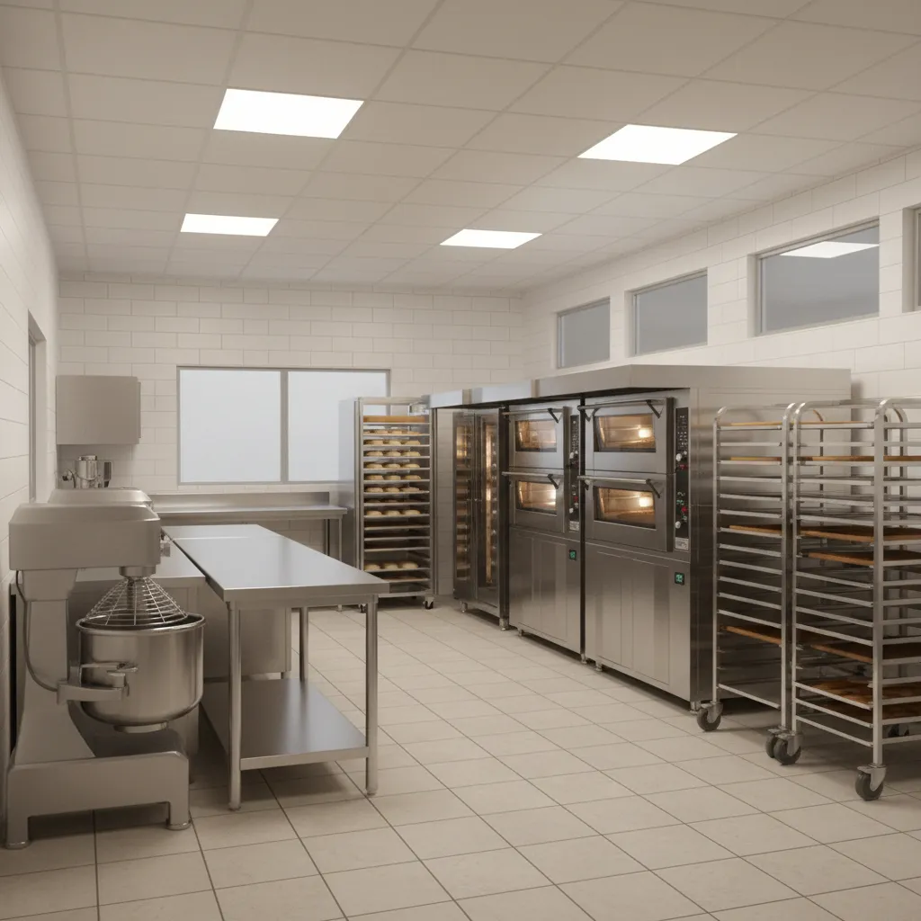 linear bakery kitchen layout with mixer prep table oven and cooling racks in sequence